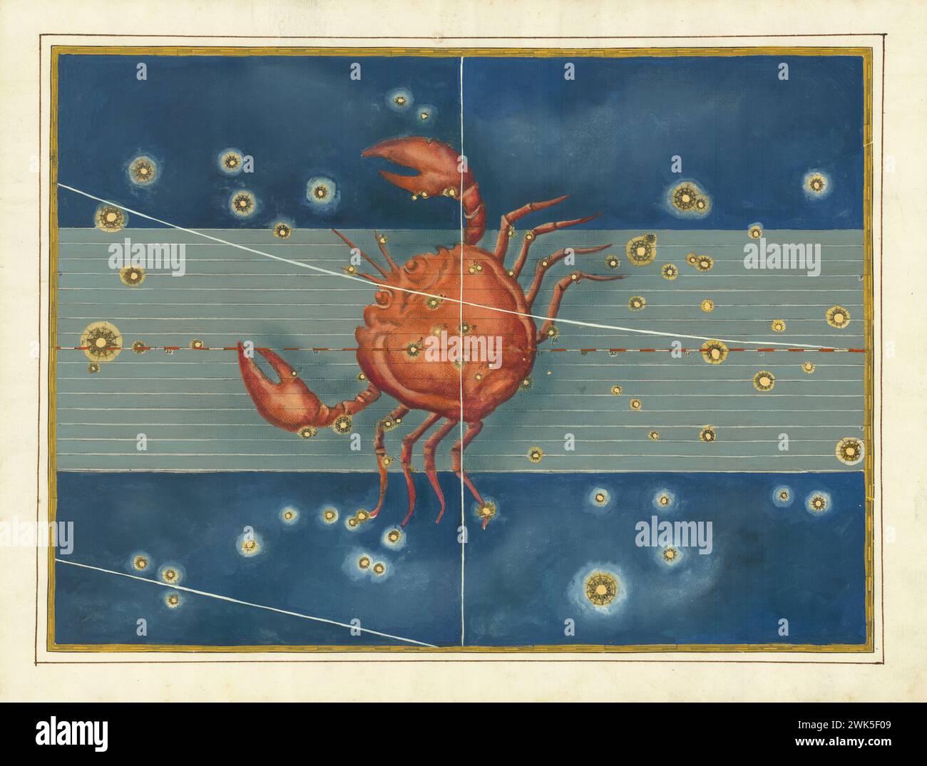 Cancer - Johann Bayer, gravure vintage,1603. Carte céleste de Constellation avec les étoiles de l'Uranometria de Bayer . L'impression comporte une représentation du crabe Banque D'Images