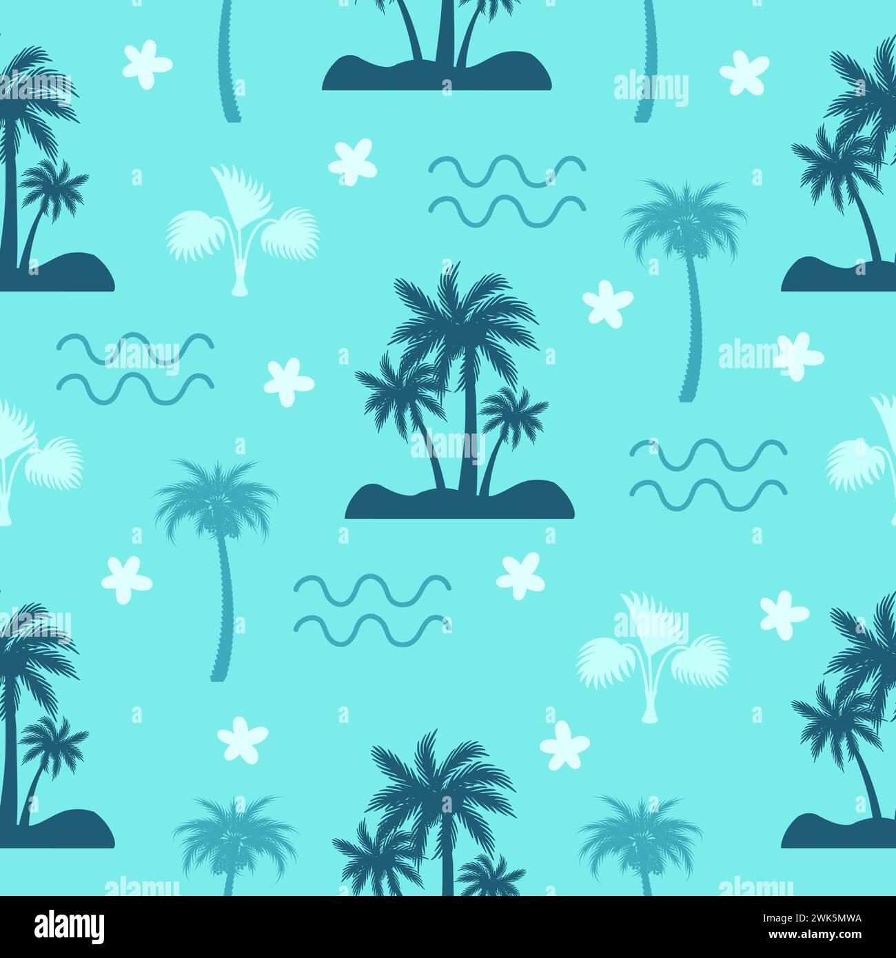 Motif sans couture d'arbre de palmier de dessin animé. Imprimé abstrait en tissu estival, repos de plage. Vagues de mer et palmiers, fond vectoriel néotérique décoratif Illustration de Vecteur