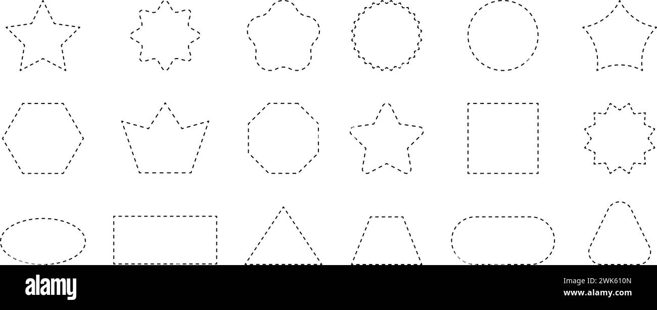 Ensemble de formes géométriques avec des lignes pointillées. Cercle pointillé, carré, rectangle, ovale, étoile, figures de couronne et de triangle isolées sur fond blanc. Coupez ici les pictogrammes. Illustration vectorielle. Illustration de Vecteur