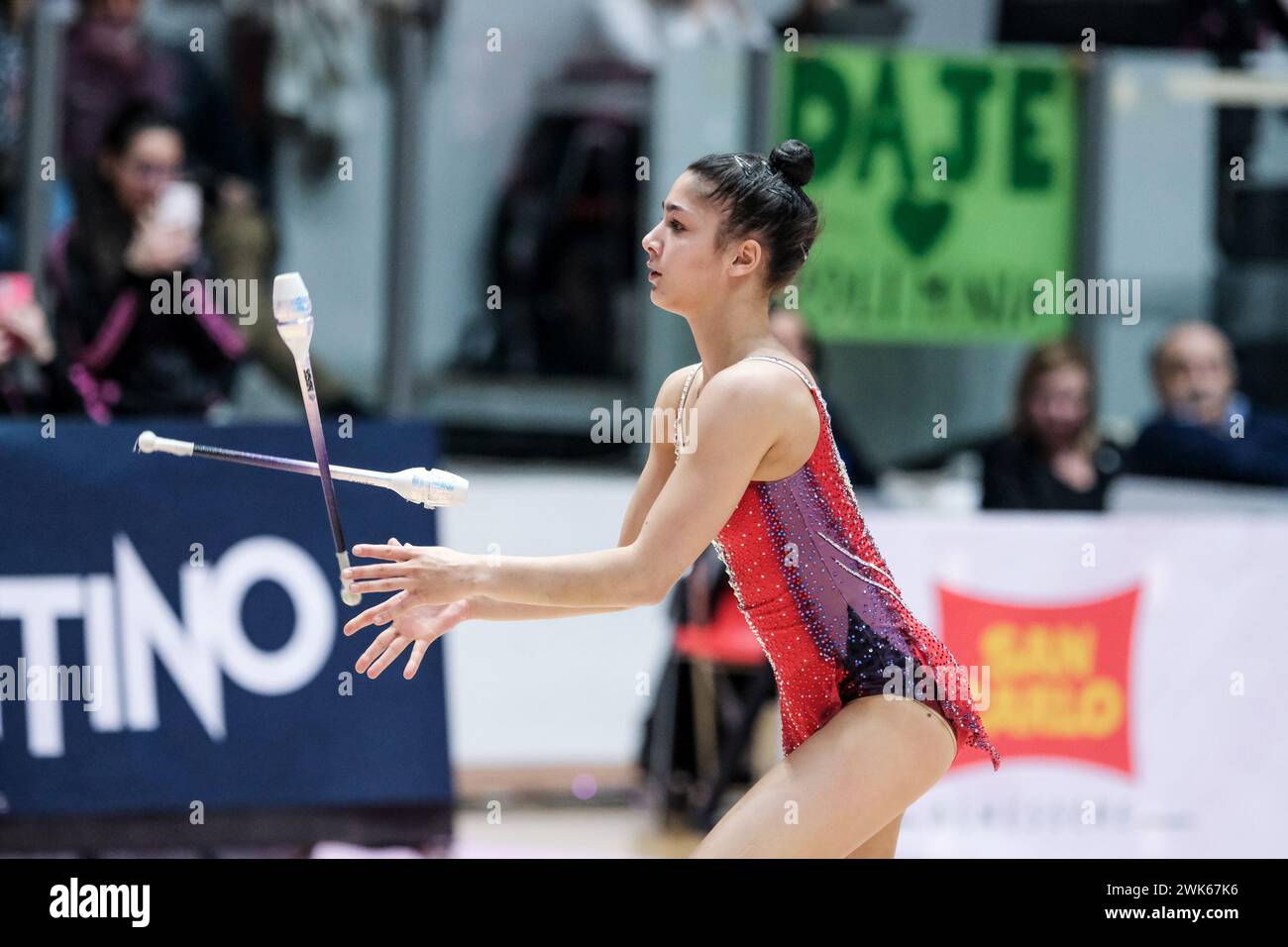 Chieti, Italie. 17 février 2024. La gymnaste rythmique italienne Sofia Raffaeli se produit pour Ginnastica Fabriano lors de la gymnastique rythmique FGI 2024 saison régulière Serie A1 1er tour à Palatricalle Chieti. Première manche de saison régulière des Championnats italiens de gymnastique rythmique 2024 à Chieti, Italie (photo Davide Di Lalla/SOPA images/SIPA USA) crédit : SIPA USA/Alamy Live News Banque D'Images