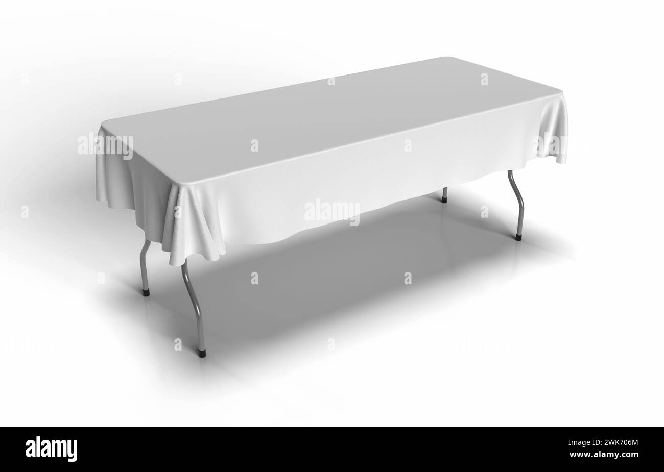 Chemin de table d'événement, tissu blanc vierge sur une table tréteau en métal et isolé sur un fond blanc. Illustration de rendu 3D. Banque D'Images