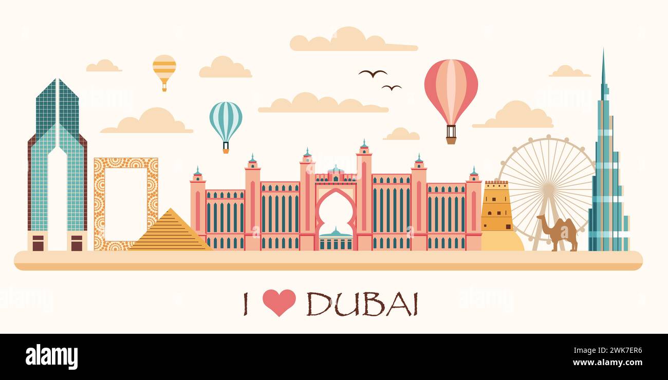 J'adore Dubai City Skyline Web Banner Illustration de Vecteur