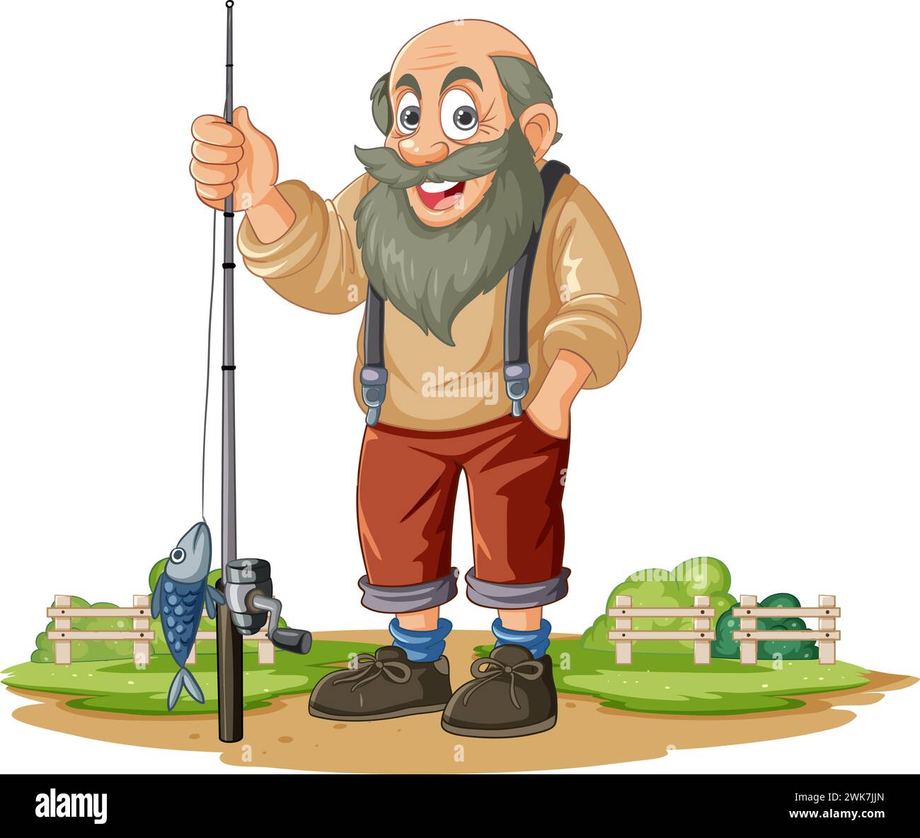 Vieux pêcheur joyeux debout avec une canne à pêche Illustration de Vecteur