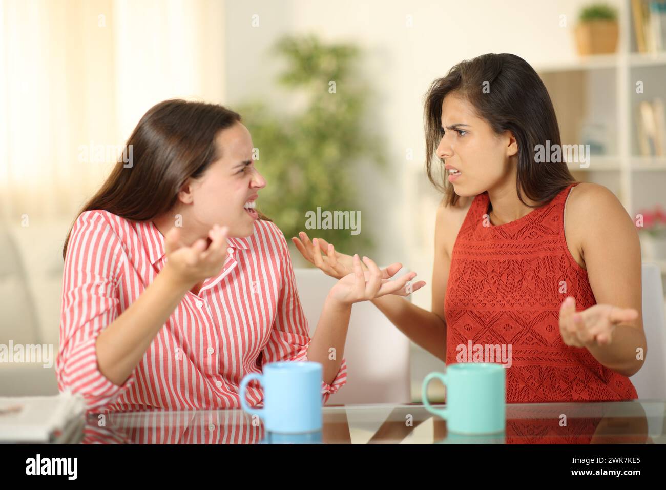 Deux femmes en colère à la maison se disputant à la pause-café Banque D'Images