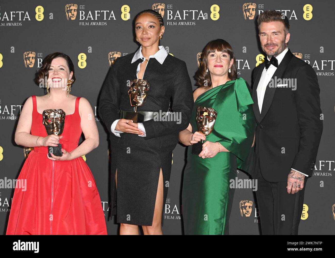 La photo doit être créditée ©Alpha Press 085000 18/02/2024 Medb Riordan, Savannah Leaf, Shirley OConnor et David Beckham à la salle de presse EE BAFTA film Awards 2024 à Londres Banque D'Images