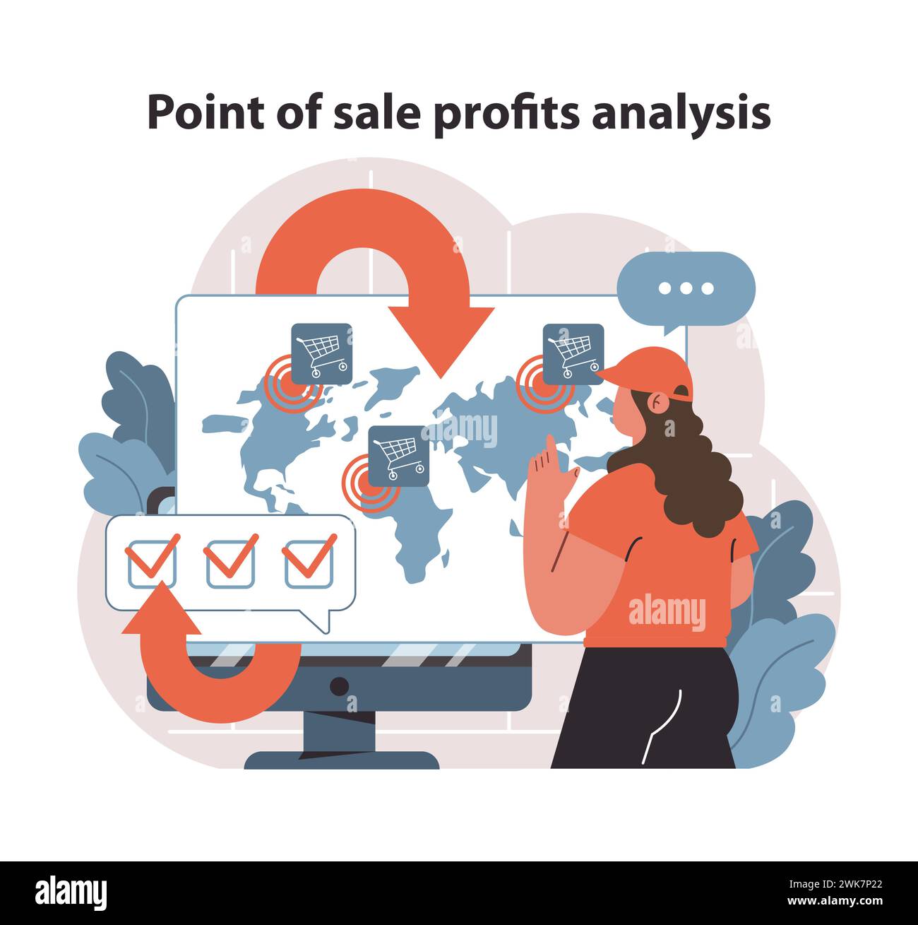 Analyse des bénéfices au point de vente. Représentation visuelle des données de ventes mondiales et suivi de la rentabilité. Cartographie interactive des indicateurs de performance de la vente au détail. Vecteur plat pour des informations commerciales. Illustration de Vecteur