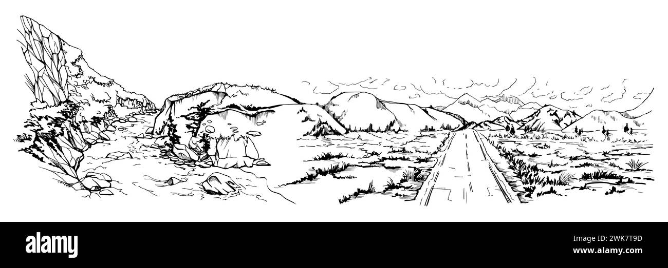 Illustration vectorielle d'encre dessinée à la main, paysage de montagne Amérique centrale du Sud, avion routier routier routier, rapides de rivière de falaises. Isolé sur blanc Illustration de Vecteur