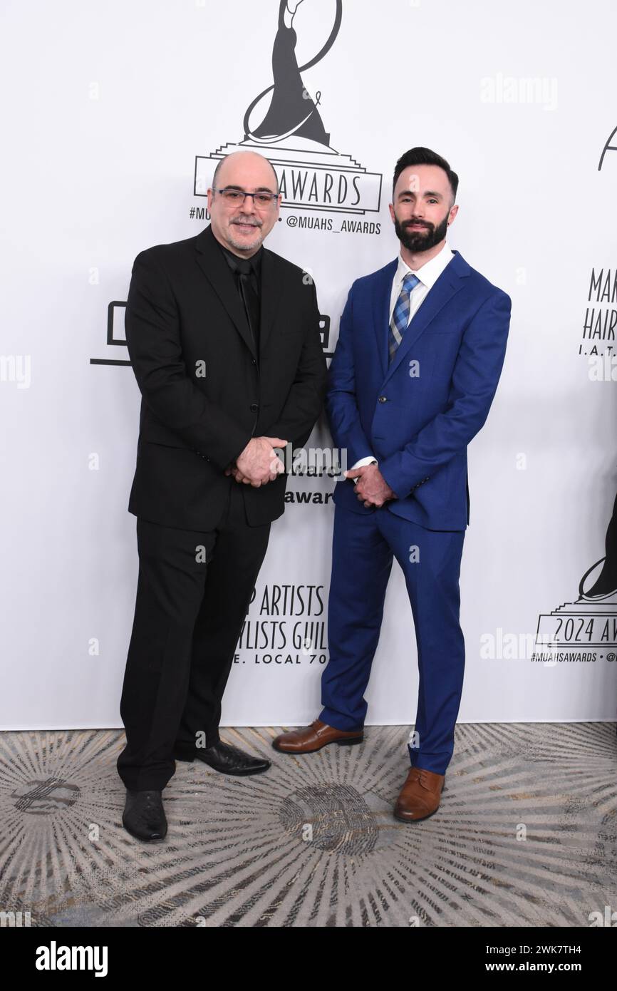 Beverly Hills, Californie, États-Unis 18 février 2024 Louie Zakarian et Jason Milani assistent à la GuildÕs 11e cérémonie annuelle des MUAHS Awards au Beverly Hilton Hotel le 18 février 2024 à Beverly Hills, Californie, États-Unis. Photo de Barry King/Alamy Live News Banque D'Images