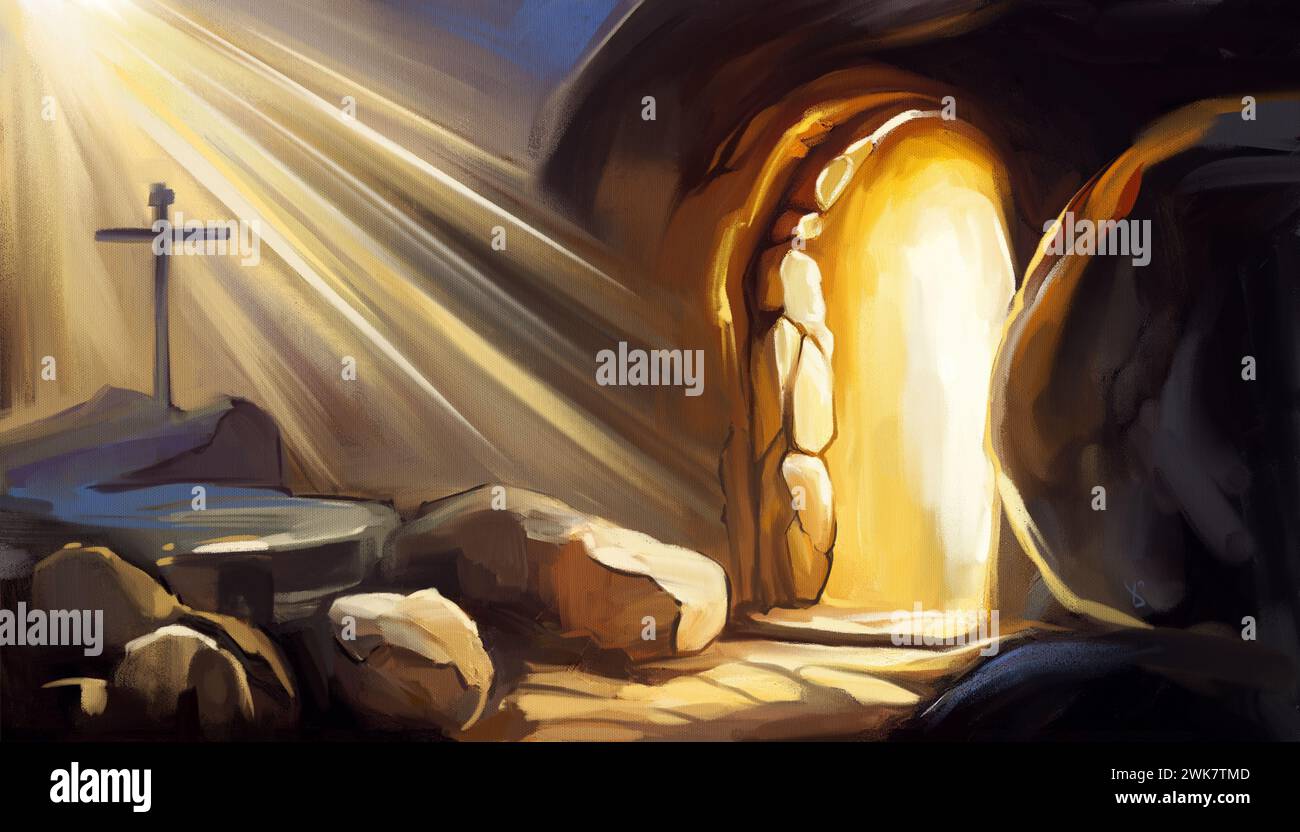 Pâques Jésus Christ est passé des morts. Dimanche matin. Aube. Le tombeau vide à l'arrière-plan de la crucifixion. Joyeuses pâques. Symbole chrétien de f Banque D'Images