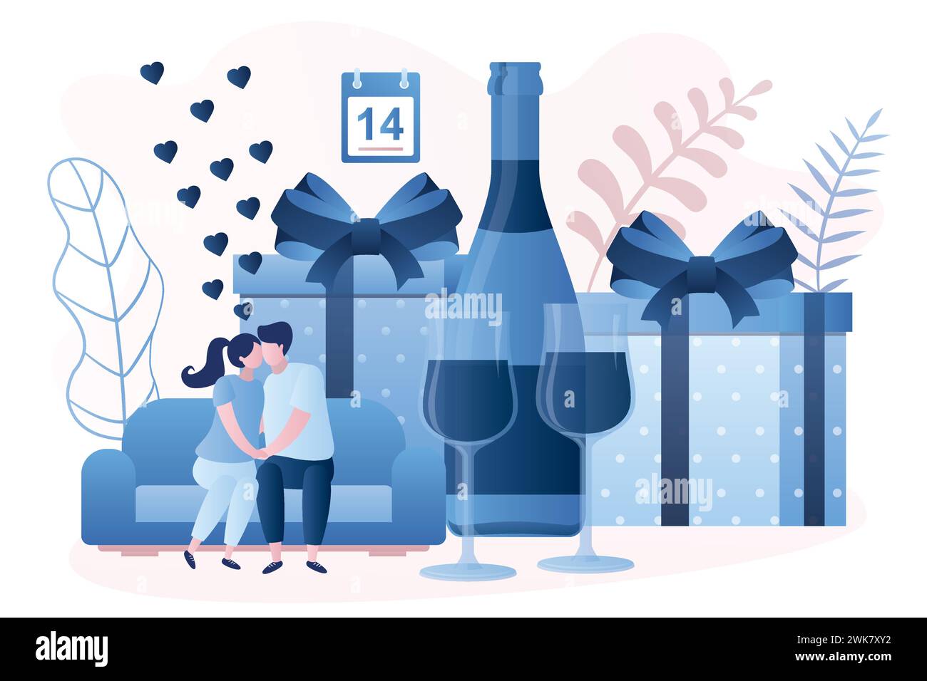 Couple d'amour assis sur le canapé et embrassant. Cadeaux, bouteille et deux verres sur fond. Les gens célèbrent la Saint-Valentin le 14 février. Homme et Illustration de Vecteur