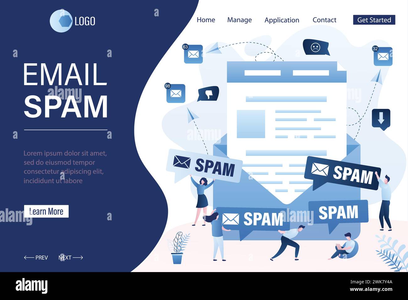 Modèle de page de destination d'attaque de spamming et de piratage. Walware, fond de concept de phishing. Grosse lettre d'email, petits hommes d'affaires tenant le bub de discours de spam Illustration de Vecteur