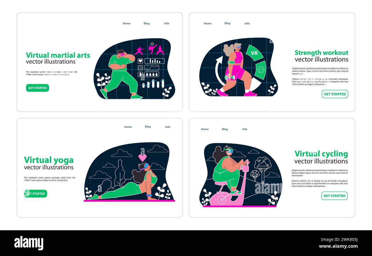 Visuels VR Workout. Maîtrisez les arts martiaux, développez votre force, pratiquez le yoga et faites du vélo virtuellement. Une suite complète pour les amateurs de fitness numérique. Connectez-vous et entraînez-vous dans des espaces virtuels. Vecteur plat. Illustration de Vecteur