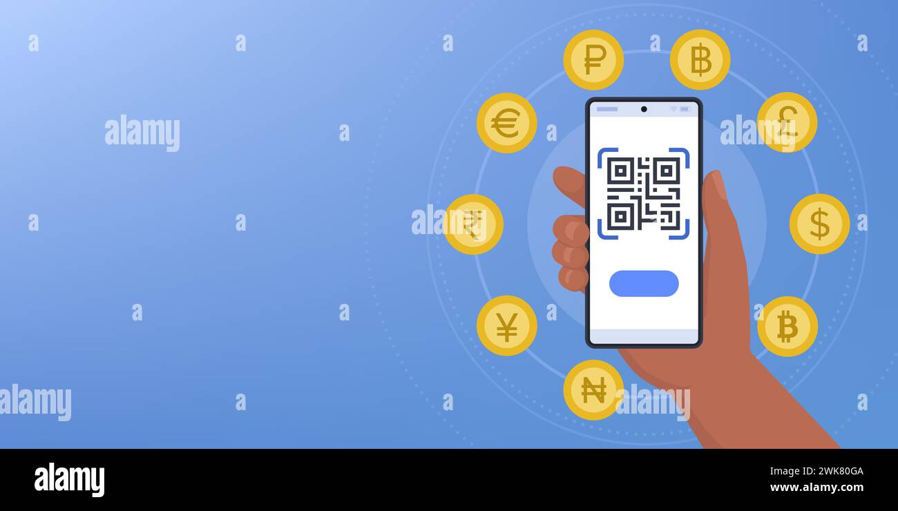 Main tenant un smartphone avec QR code et devises internationales : transfert d'argent, change de devises et paiements, bannière avec espace de copie Illustration de Vecteur
