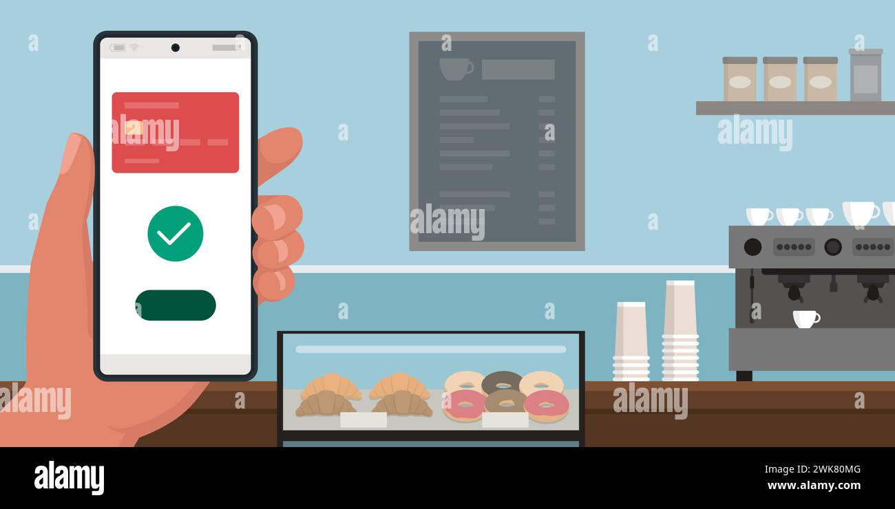 Client tenant un smartphone et utilisant un portefeuille mobile pour un paiement numérique dans un café Illustration de Vecteur