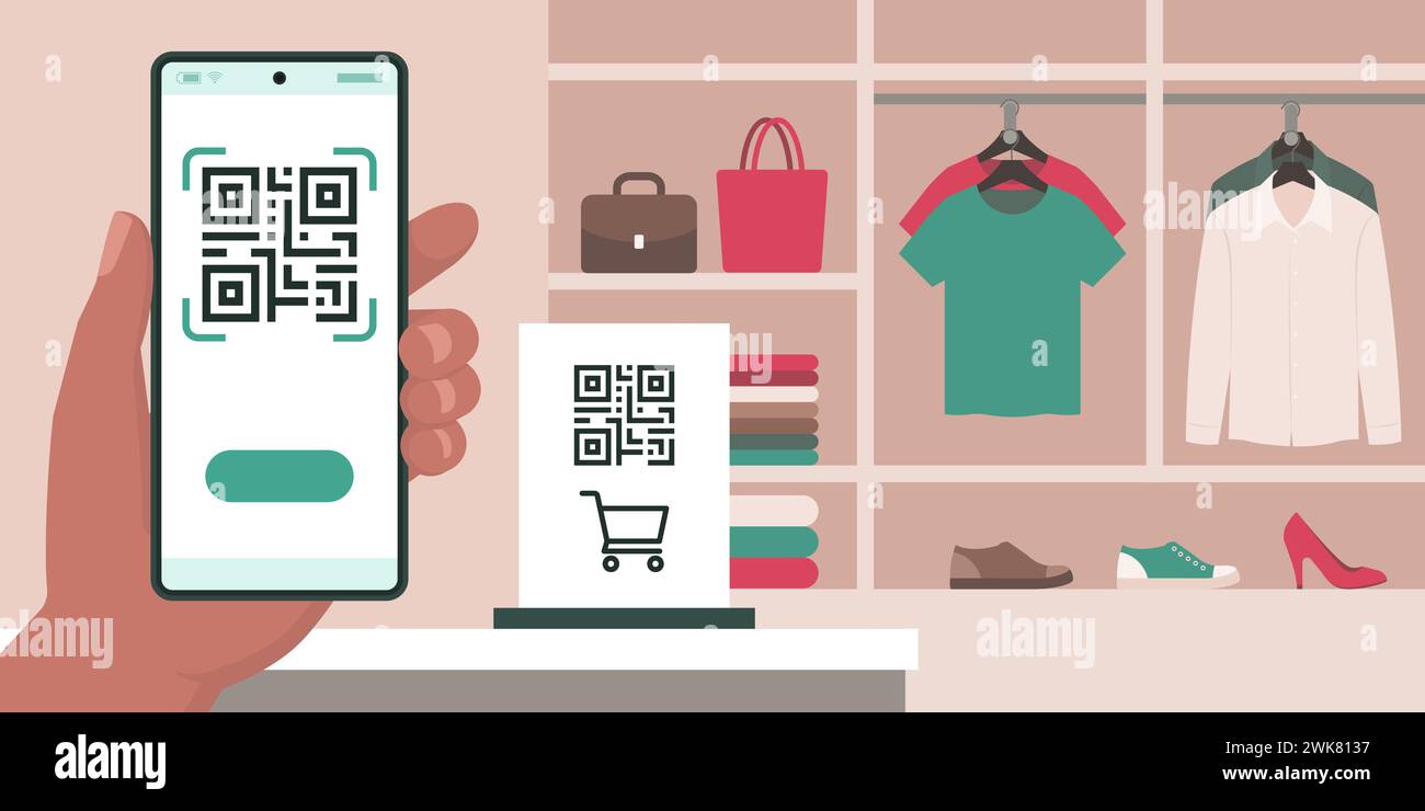 Scan to Pay paiement numérique : client scannant un code QR avec son smartphone dans un magasin de vêtements Illustration de Vecteur