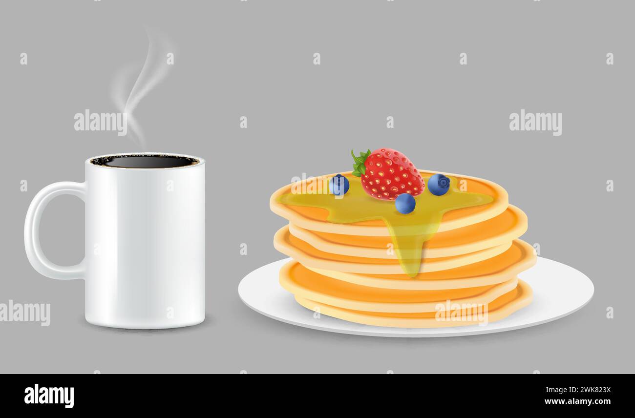 Tasse à café chaud à la vapeur et crêpes fraîches empilées sur l'assiette Illustration de Vecteur