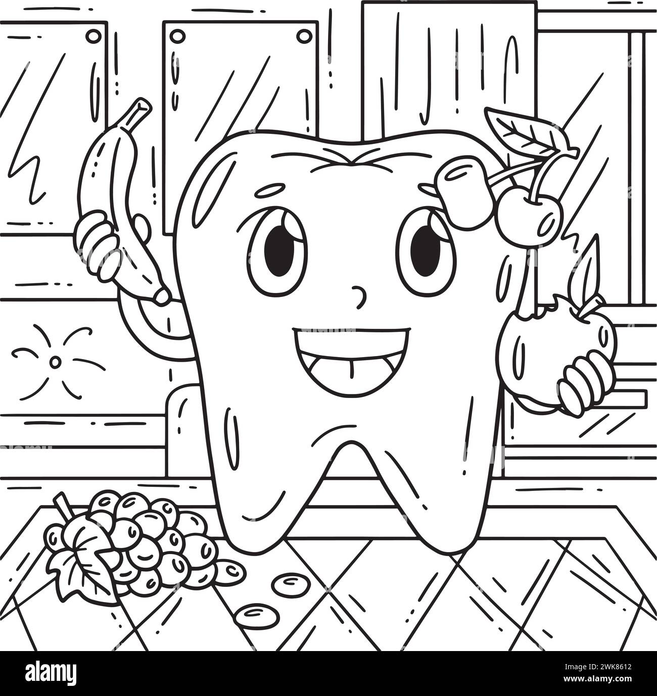 Soins dentaires dents consommant des fruits page de coloration Illustration de Vecteur