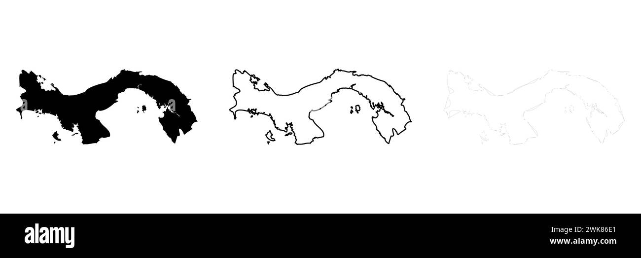 Silhouette de Panama Country. Ensemble de 3 cartes détaillées. Silhouette noire unie, contour noir épais et contour noir mince. Illustration vectorielle isolée sur fond blanc. Illustration de Vecteur