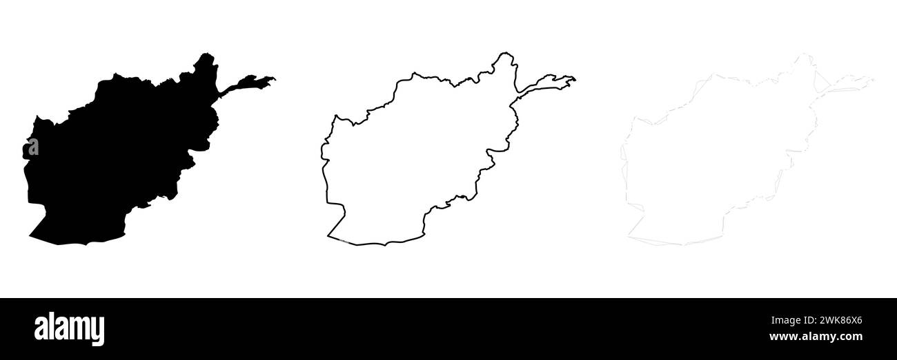 Silhouette de pays Afghanistan. Ensemble de 3 cartes détaillées. Silhouette noire unie, contour noir épais et contour noir mince. Illustration vectorielle isolée sur fond blanc. Illustration de Vecteur