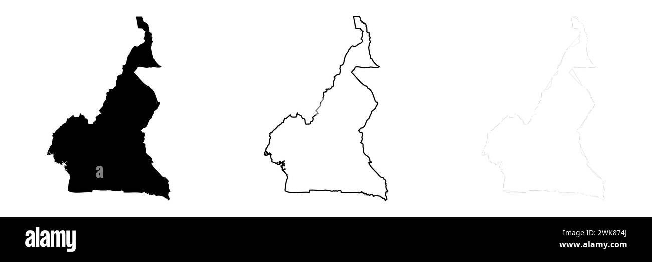 Silhouette de pays Cameroun. Ensemble de 3 cartes détaillées. Silhouette noire unie, contour noir épais et contour noir mince. Illustration vectorielle isolée sur fond blanc. Illustration de Vecteur