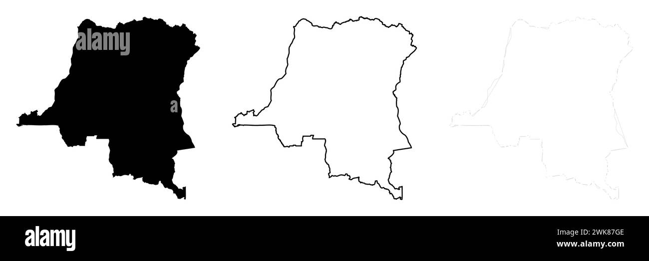 Silhouette de pays de la République démocratique du Congo. Ensemble de 3 cartes détaillées. Silhouette noire unie, contour noir épais et contour noir mince. Illustration vectorielle isolée sur fond blanc. Illustration de Vecteur Silhouette de pays de la République démocratique du Congo. Ensemble de 3 cartes détaillées. Silhouette noire unie, contour noir épais et contour noir mince. Illustration vectorielle isolée sur fond blanc. Illustration de Vecteur
