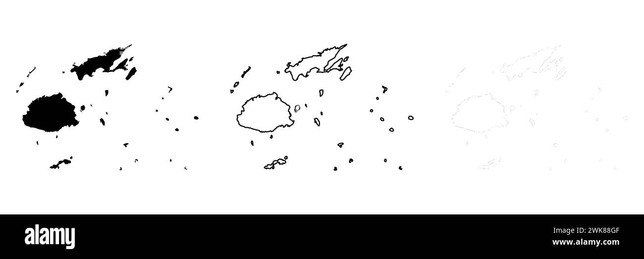 Silhouette du pays Fidji. Ensemble de 3 cartes détaillées. Silhouette noire unie, contour noir épais et contour noir mince. Illustration vectorielle isolée sur fond blanc. Illustration de Vecteur