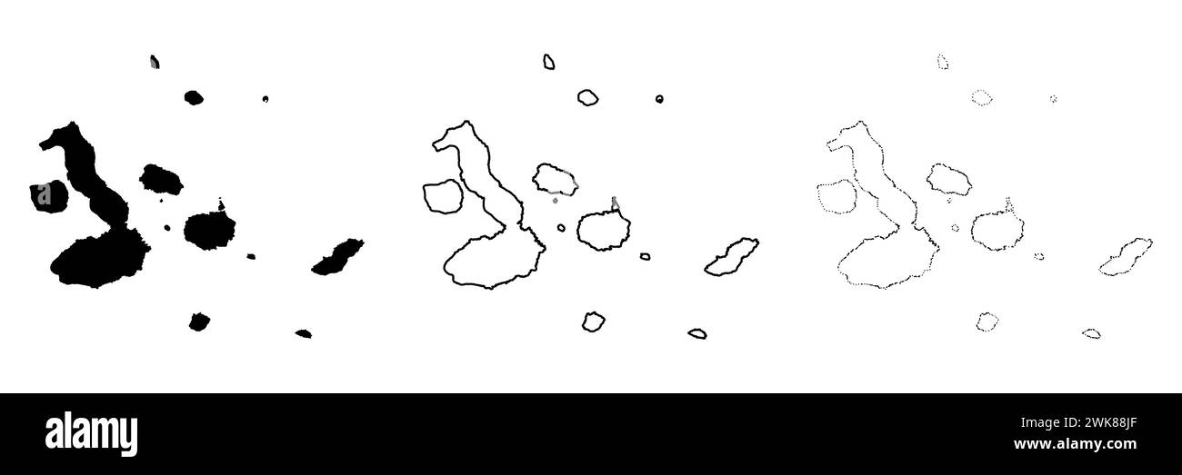 Silhouette des îles Galapagos. Ensemble de 3 cartes détaillées. Silhouette noire unie, contour noir épais et contour noir mince. Illustration vectorielle isolée sur fond blanc. Illustration de Vecteur