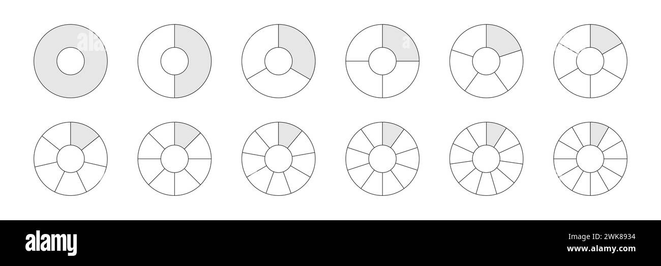 Toruses avec illustration vectorielle de jeu de sections. Diagrammes circulaires abstraits à lignes noires avec divisions, collection de diagrammes graphiques avec des éléments géométriques ronds Illustration de Vecteur