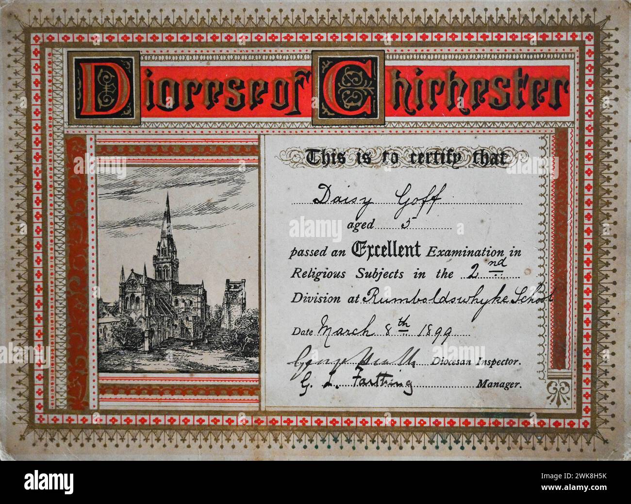 Certificat d’éducation religieuse du diocèse de Chichester en 1899 décerné à Daisy Goff, 5 ans Banque D'Images