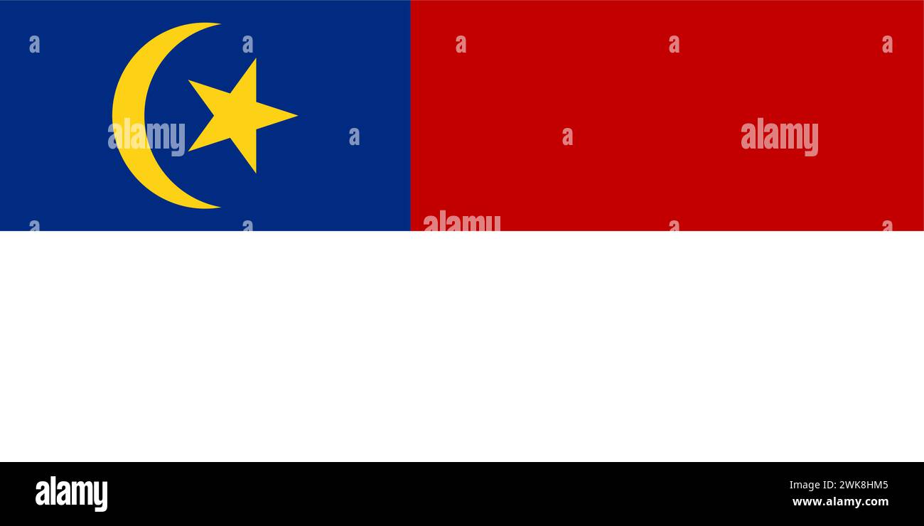 Drapeau de l'État historique de Malacca (Malaisie) Melaka, deux bandes égales de rouge et de blanc, avec un croissant jaune et une étoile à cinq branches dans un canton bleu Illustration de Vecteur