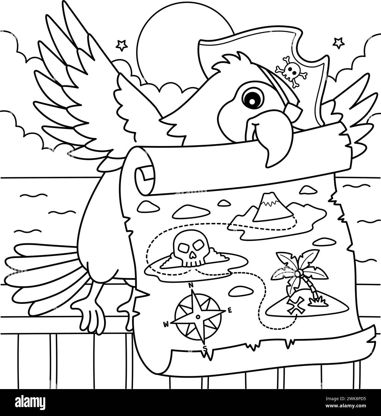 Perroquet pirate avec une page de coloriage de carte de trésor Illustration de Vecteur