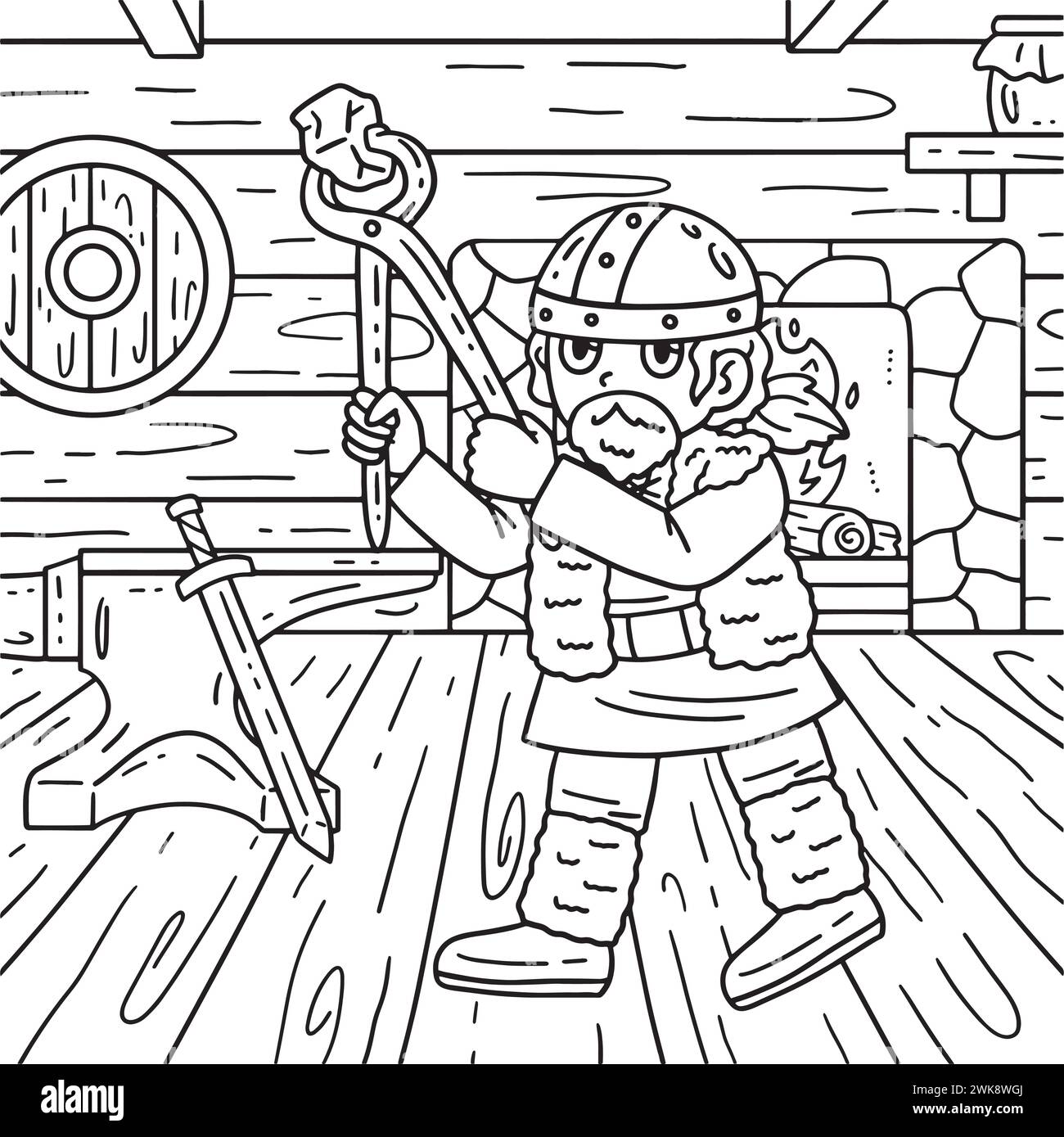 Viking travaillant dans la page de coloriage Forge pour les enfants Illustration de Vecteur