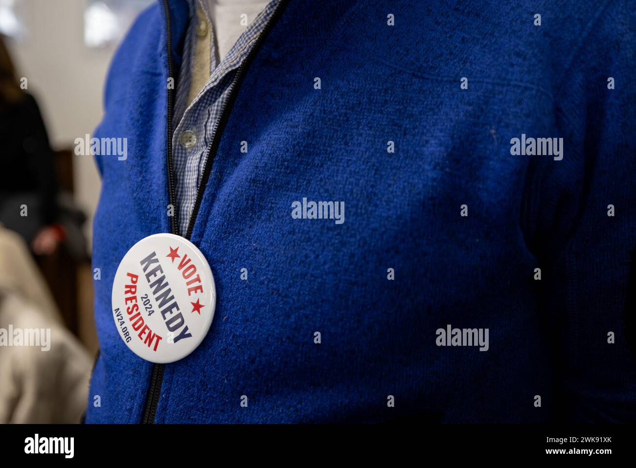 17 février 2024, New York City, New York, États-Unis : un membre du public porte une épingle de vote Kennedy lors de l'événement du candidat indépendant Robert F. Kennedy Jr. À l'honneur du mois de l'histoire des Noirs le 18 février 2024 à New York. (Crédit image : © Michael Nigro/Pacific Press via ZUMA Press Wire) USAGE ÉDITORIAL SEULEMENT! Non destiné à UN USAGE commercial ! Banque D'Images