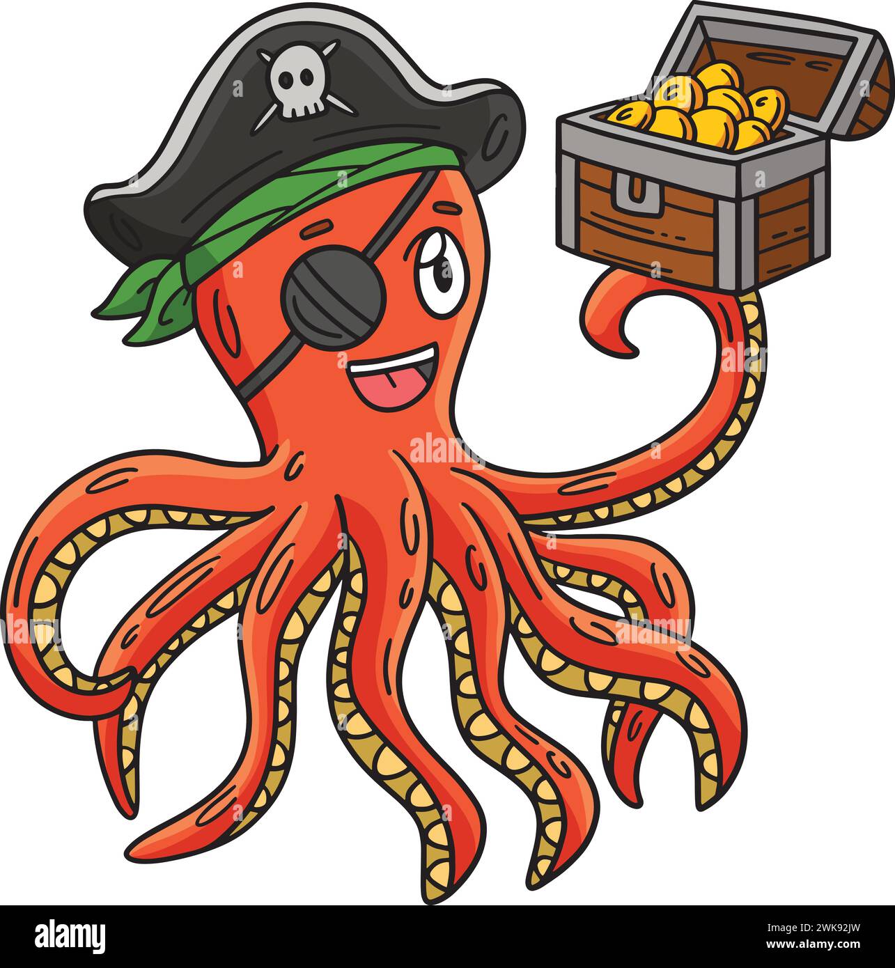 Pirate Octopus tenant Chest Cartoon Clipart Illustration de Vecteur