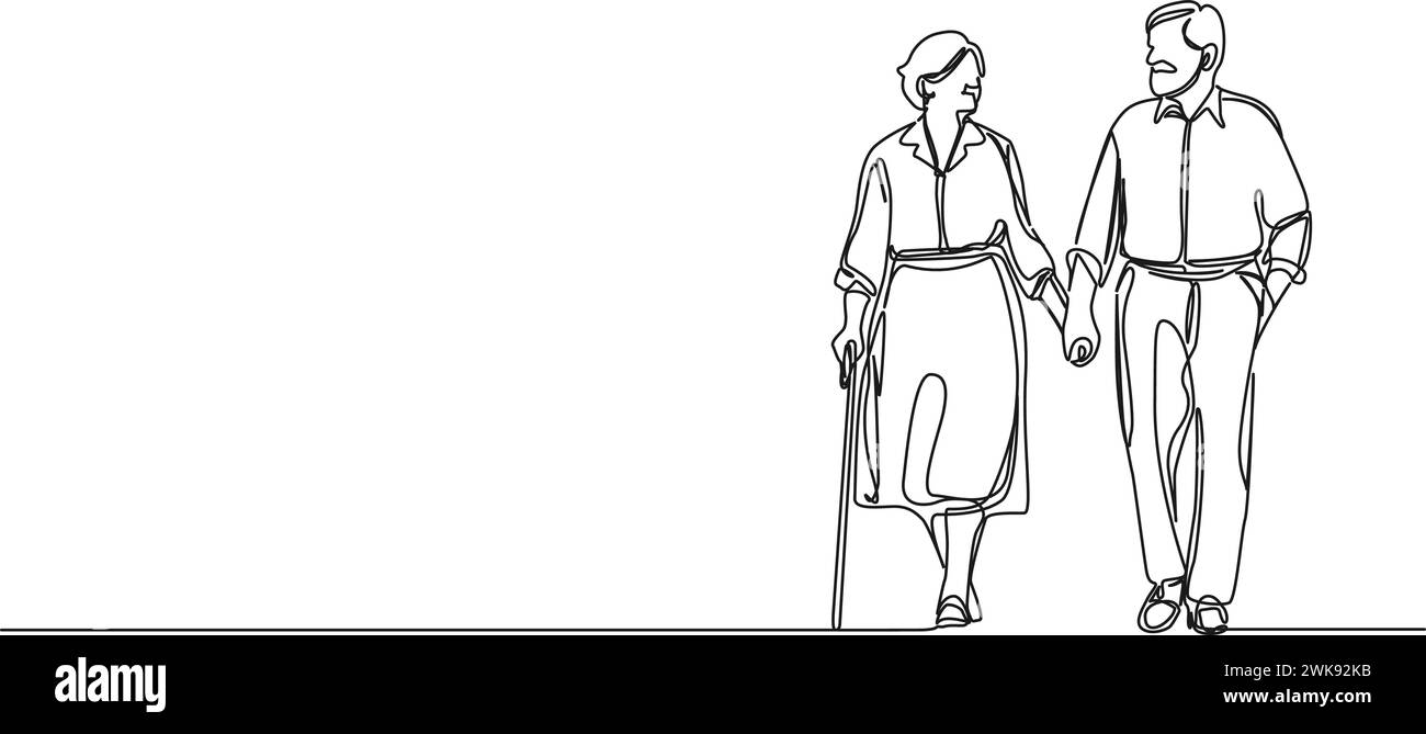dessin simple continu de couple senior marchant main dans la main, illustration vectorielle d'art au trait Illustration de Vecteur