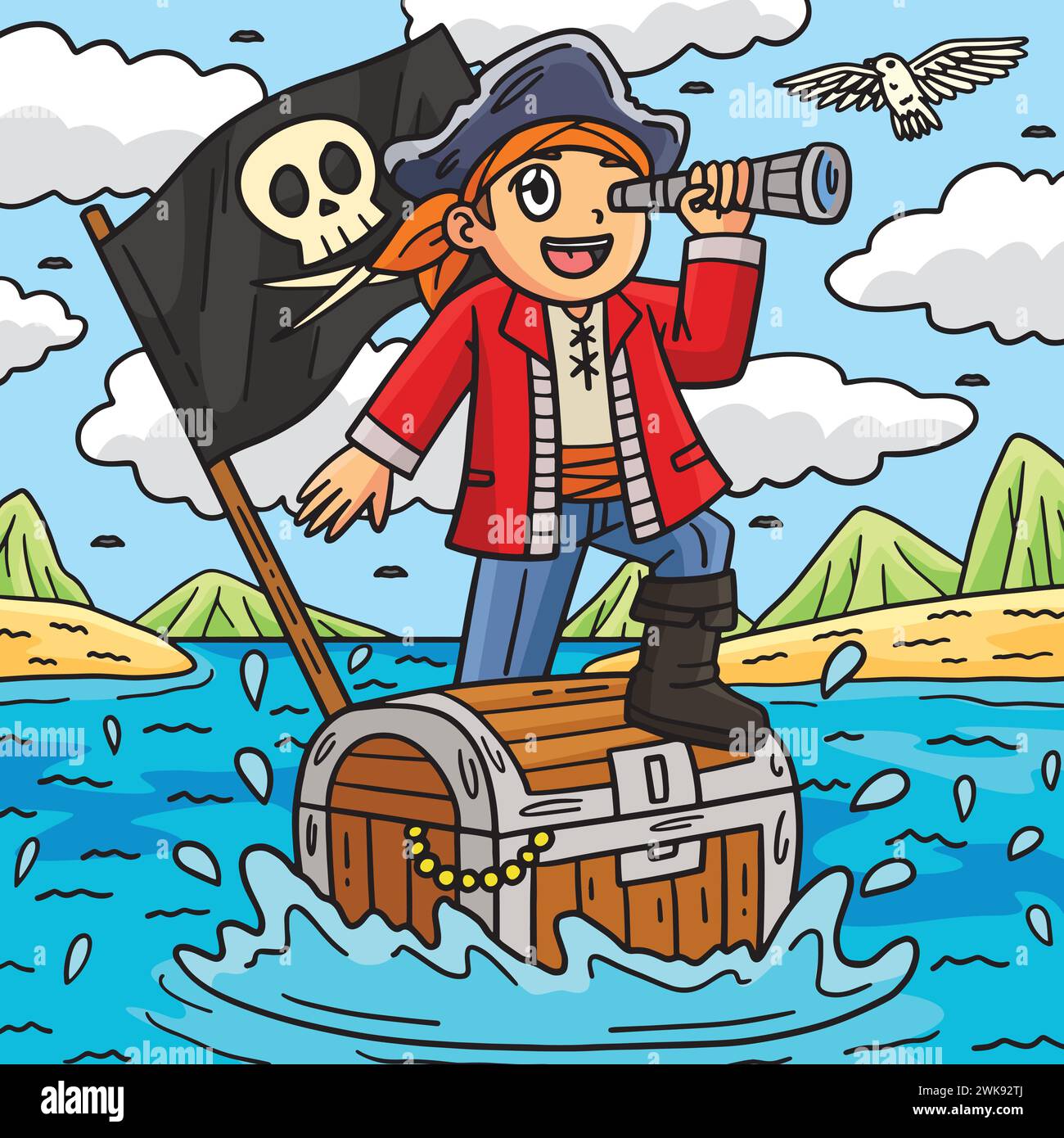 Pirate et coffre flottant sur Sea Colored Cartoon Illustration de Vecteur