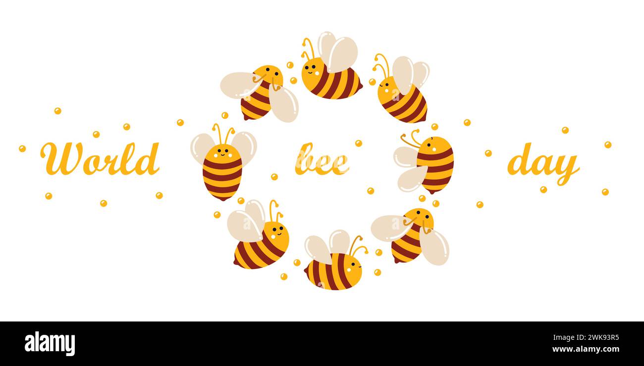 Journée mondiale de la bière du 20 mai. Bannière avec des abeilles mignonnes dans le style flat-lay pour une utilisation web, bannières. Illustration de Vecteur