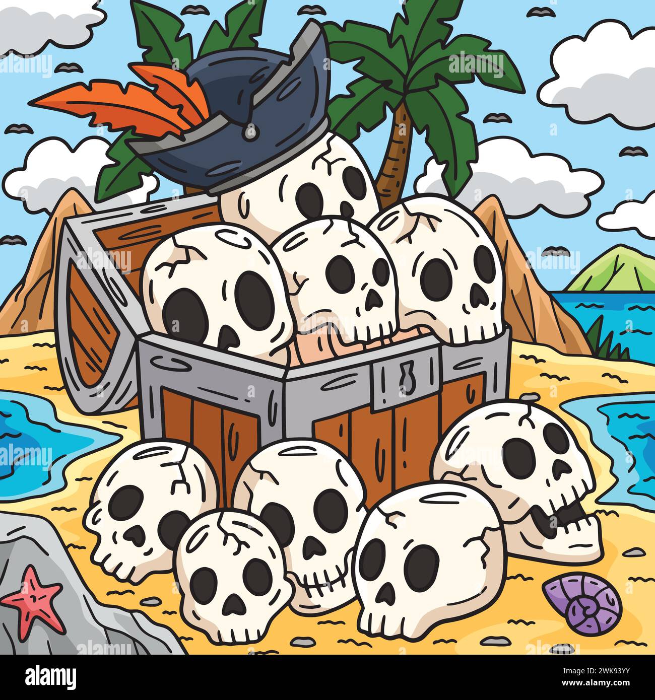 Coffre pirate avec crânes colorés Cartoon Illustration de Vecteur