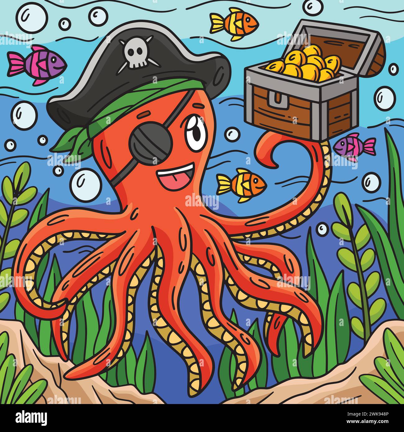 Pieuvre pirate tenant Chest Colour Cartoon Illustration de Vecteur