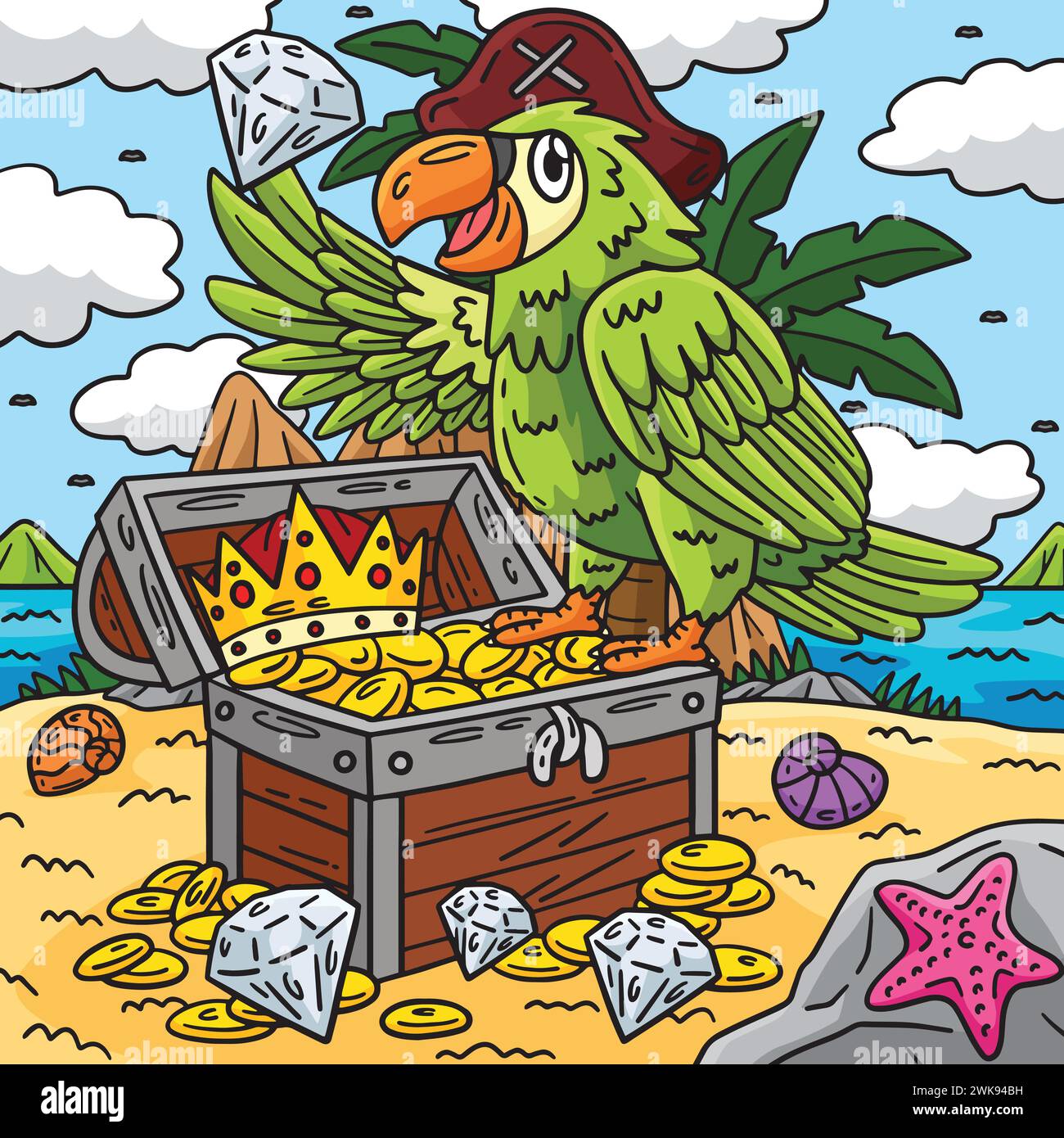 Perroquet pirate perché sur la poitrine coloré Cartoon Illustration de Vecteur