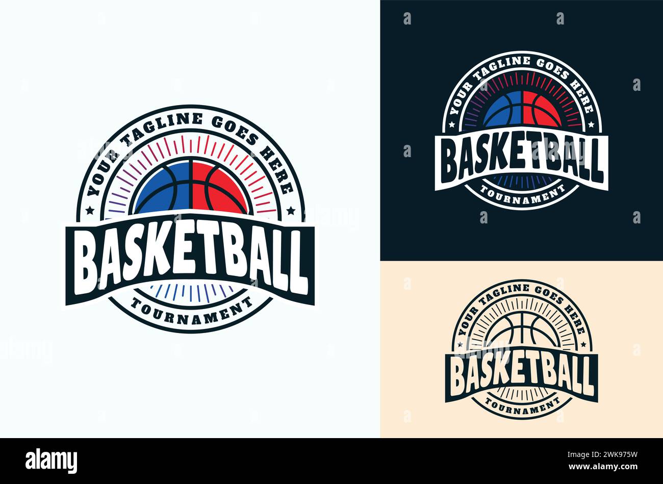 Emblème du club rétro American Sport Basketball Vintage. Basket-ball avec des reflets rouges et bleus, tournoi, modèle de conception Illustration de Vecteur