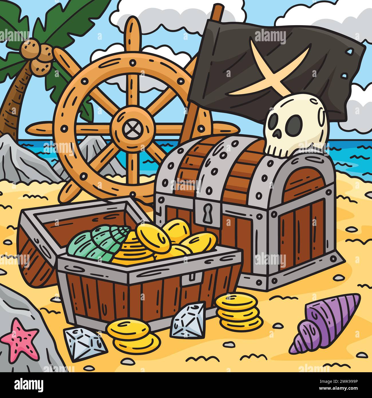 Coffre de pirate avec un dessin animé coloré X Flag Illustration de Vecteur