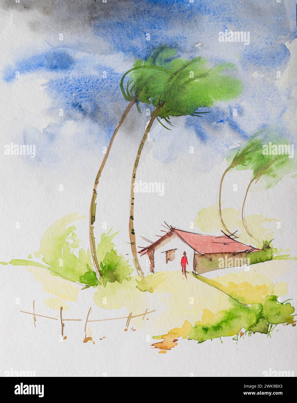Image aquarelle d'un strom dans un village indien. Vent tendu sur les cocotiers et un homme devant sa maison, représentant la mousson indienne. Peint à la main Banque D'Images