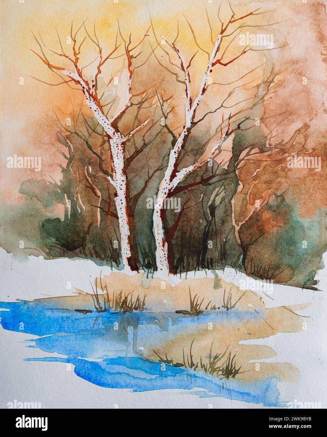 Belle peinture aquarelle d'arbres sans feuilles mourants dans les arbres d'hiver à la pente de la rivière. Illustration aquarelle peinte à la main. Peinture indienne à la main Banque D'Images
