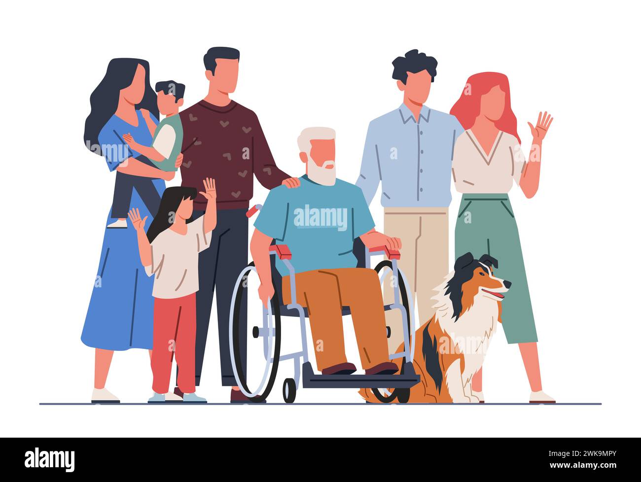 Personnes avec un membre de la famille handicapé. Grand-père en fauteuil roulant, groupe de personnes, parents et enfants, différentes générations. Homme paralysé dessin animé plat Illustration de Vecteur