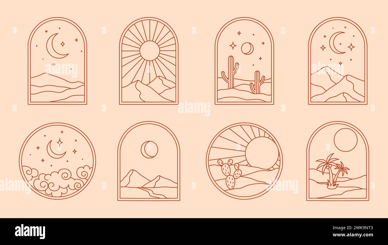 Désert boho et cactus, oasis bohème vintage avec paysage de montagne et de ciel, cadres de fenêtre vectoriels. Arcs boho avec le soleil de ligne mince, la lune et la palme, nuit d'été et nuages avec des étoiles dans le contour du ciel Illustration de Vecteur