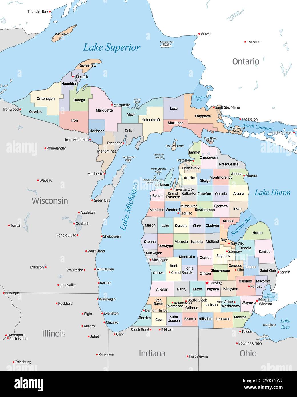 Carte montrant les différents comtés qui composent l'État du Michigan, situé aux États-Unis Banque D'Images