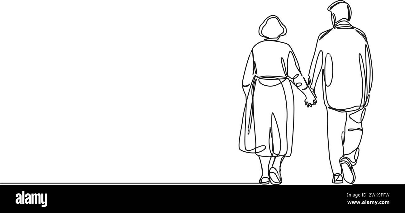 dessin continu d'une seule ligne de couple âgé marchant main dans la main, illustration vectorielle d'art de ligne Illustration de Vecteur