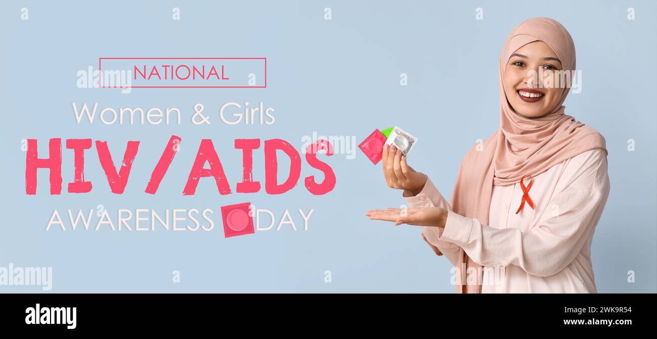 Bannière de sensibilisation pour la Journée nationale de sensibilisation des femmes et des filles au VIH/sida avec une femme musulmane détenant des préservatifs Banque D'Images