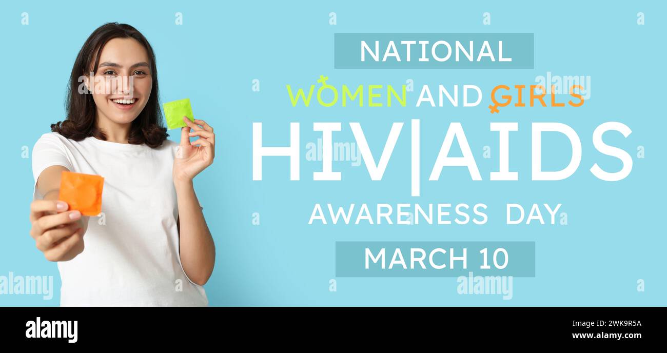 Bannière de sensibilisation pour la Journée nationale de sensibilisation des femmes et des filles au VIH/sida avec une femme détenant des préservatifs Banque D'Images